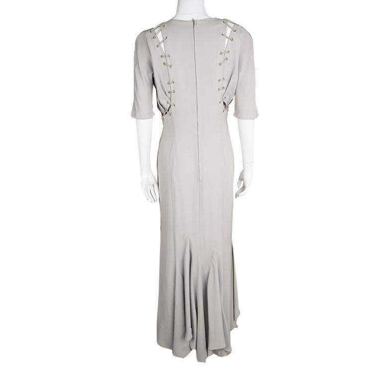 Pre Owned Thierry Mugler Vintage Beige Cutout Detail Flared Bottom Maxi Dress L