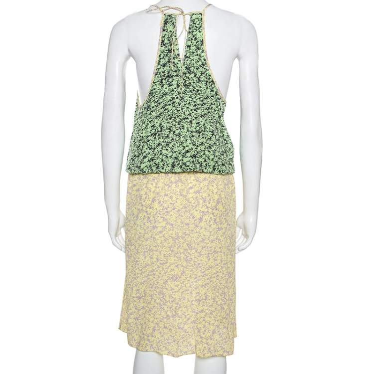 Pre Owned Tibi Bicolor Abstract Print Silk Elasticized Waist Midi Dress L