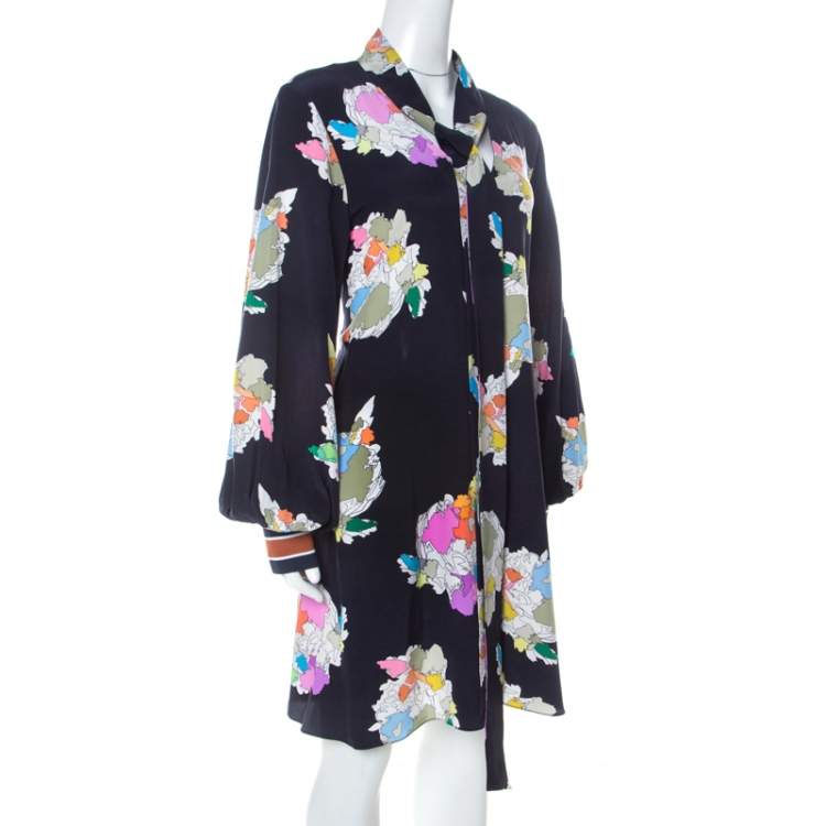 Pre Owned Tibi Navy Blue Camellia Print Silk Tie Neck Dress M