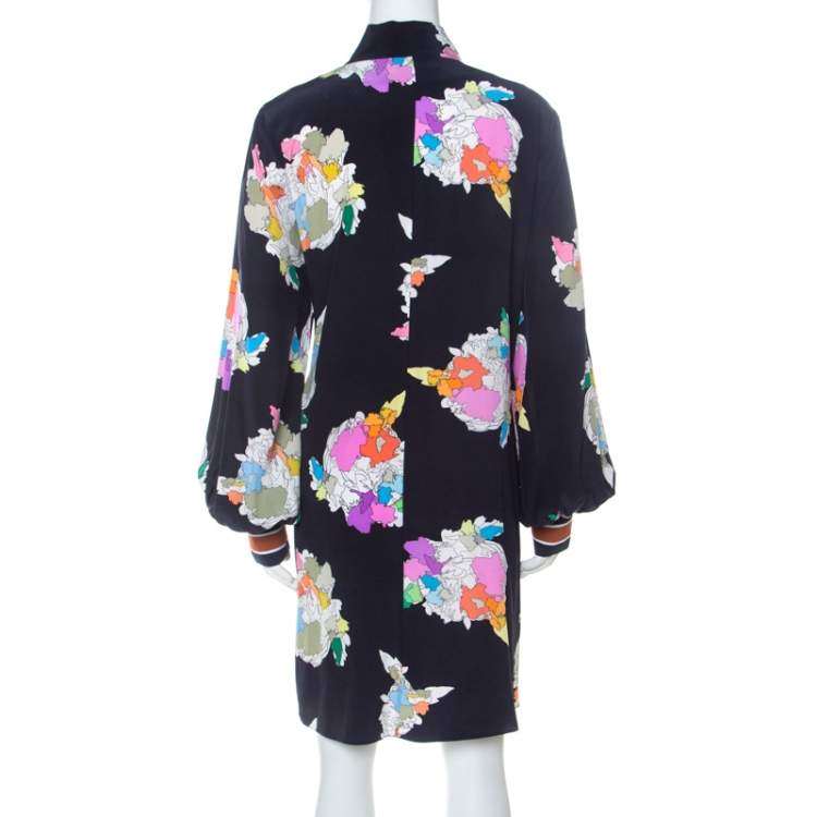 Pre Owned Tibi Navy Blue Camellia Print Silk Tie Neck Dress M