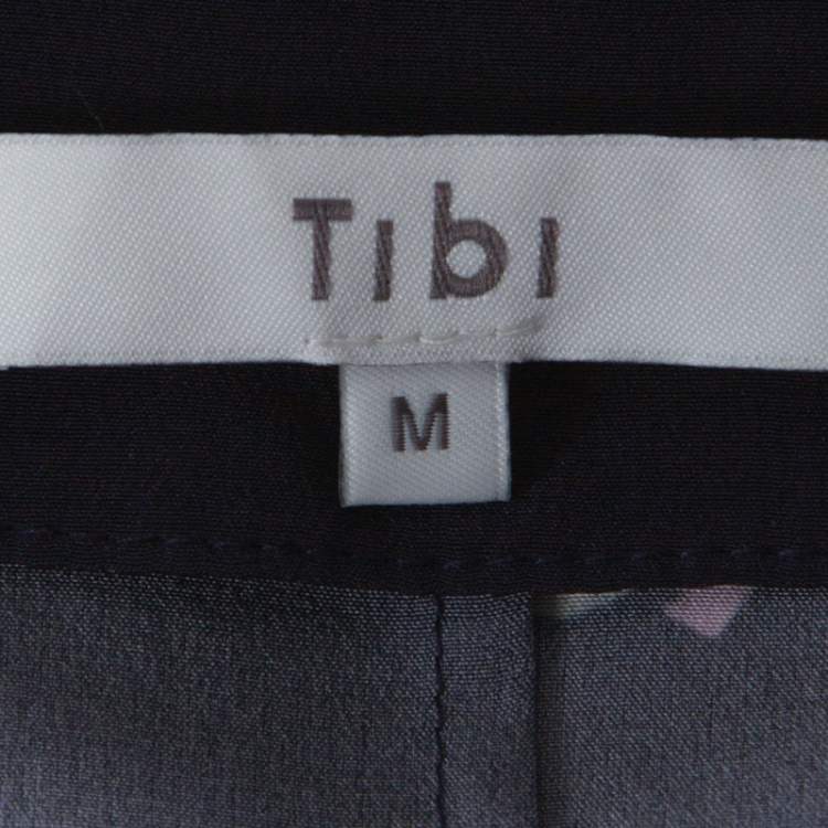 Pre Owned Tibi Navy Blue Camellia Print Silk Tie Neck Dress M