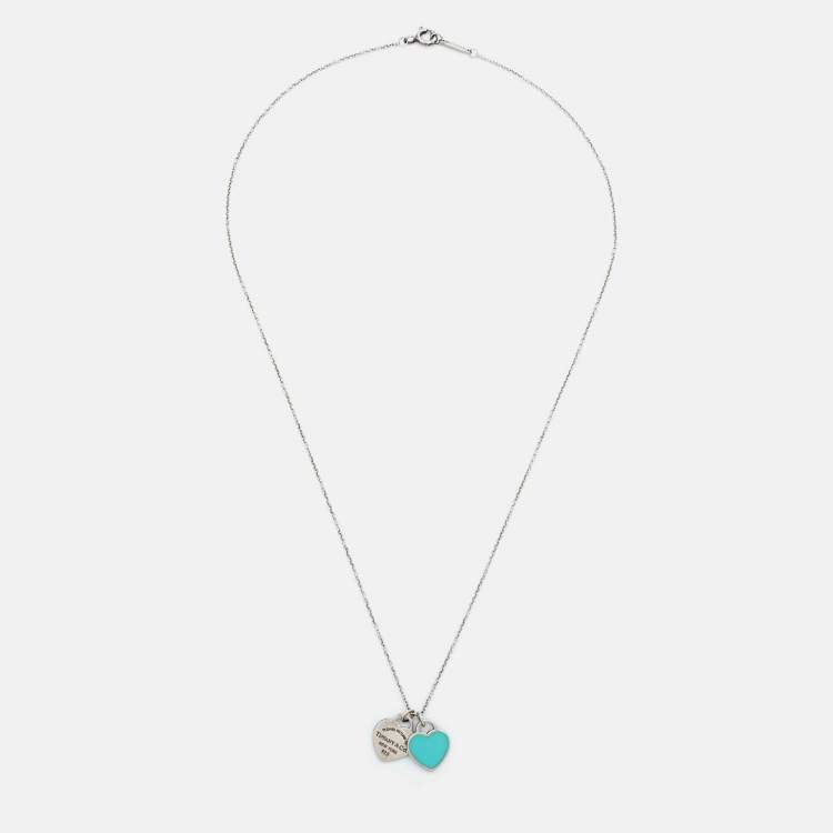 Pre Owned Tiffany & Co. Return To Tiffany Blue Enamel Double Heart Tag Sterling Silver Pendant Necklace
