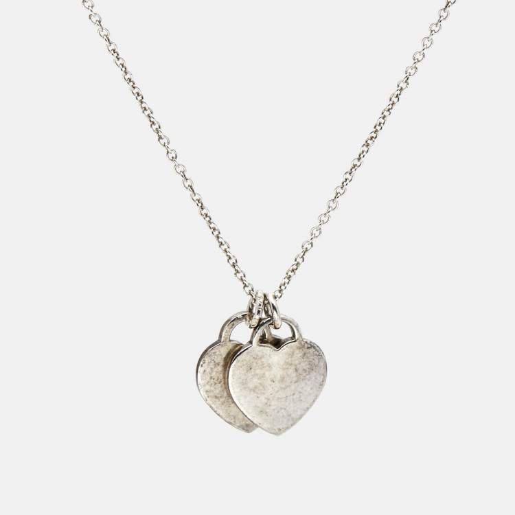 Pre Owned Tiffany & Co. Return To Tiffany Blue Enamel Double Heart Tag Sterling Silver Pendant Necklace