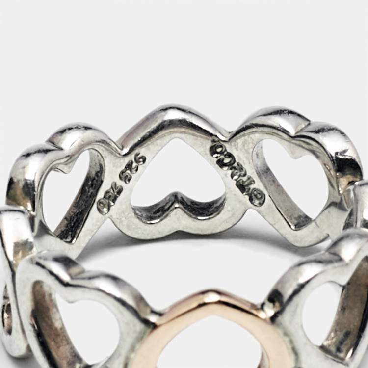 Pre Owned Tiffany & Co. Open Heart Sterling Silver 18k Rose Gold Ring Size 50