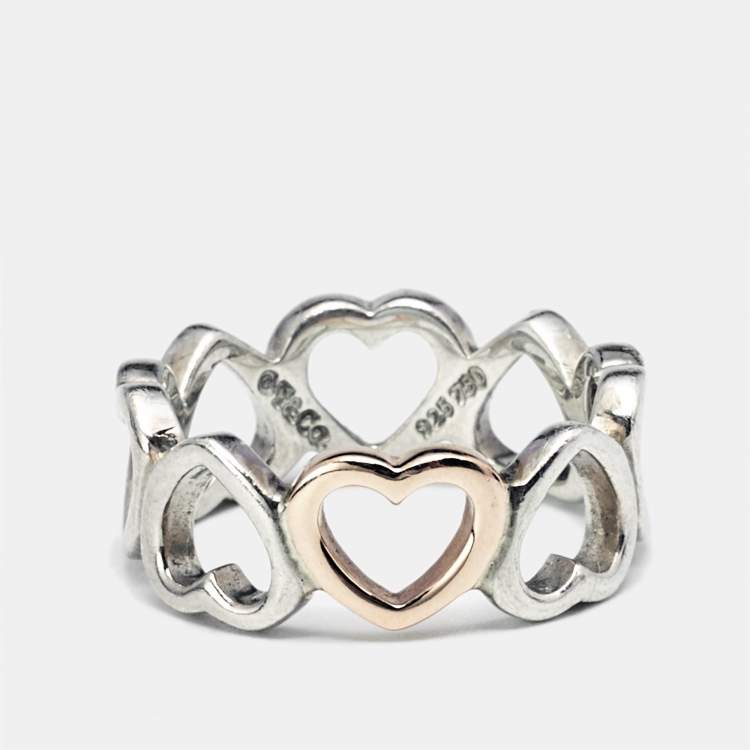 Pre Owned Tiffany & Co. Open Heart Sterling Silver 18k Rose Gold Ring Size 50