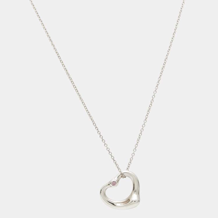 Pre Owned Tiffany & Co. Elsa Peretti Open Heart Pink Sapphire Sterling Silver Necklace