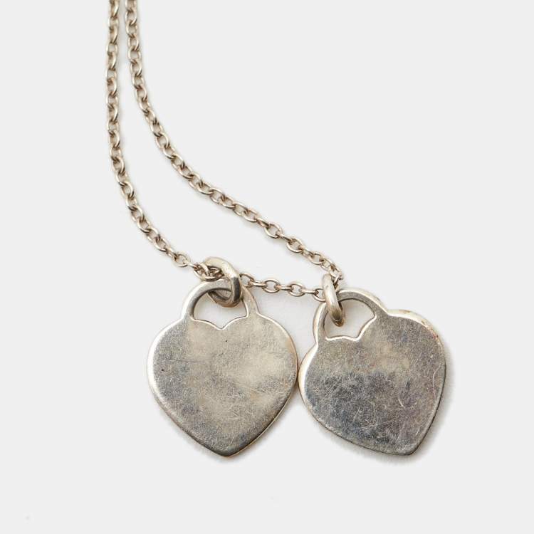Pre Owned Tiffany & Co. Return to Tiffany Mini Double Heart Tag Pendant Blue Enamel Sterling Silver Chain Necklace