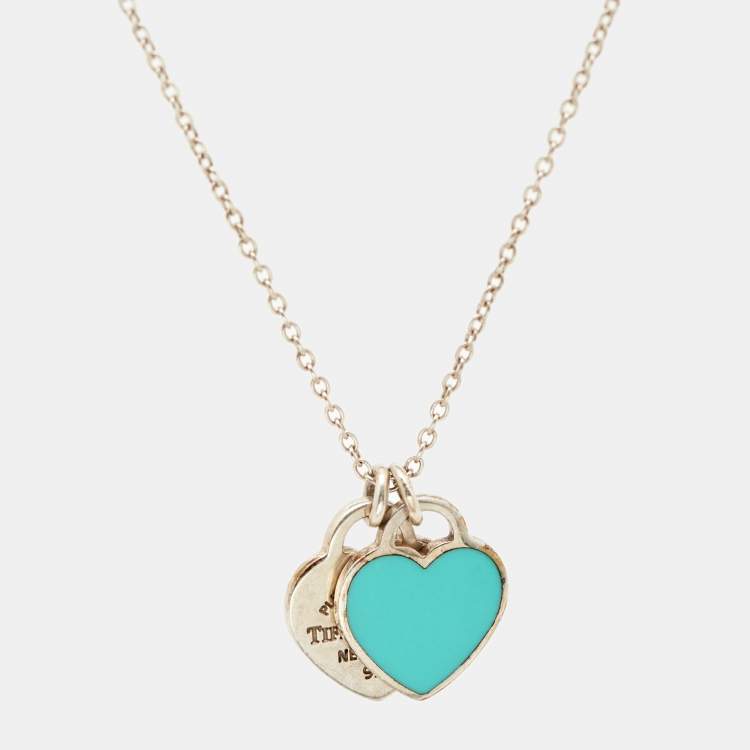 Pre Owned Tiffany & Co. Return to Tiffany Mini Double Heart Tag Pendant Blue Enamel Sterling Silver Chain Necklace