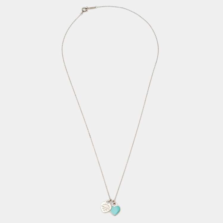 Pre Owned Tiffany & Co. Return to Tiffany Mini Double Heart Tag Pendant Blue Enamel Sterling Silver Chain Necklace