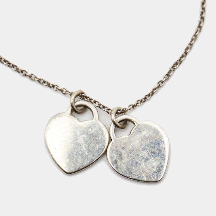 Pre Owned Tiffany & Co. Return to Tiffany Blue Enamel Double Heart Tag Sterling Silver Necklace