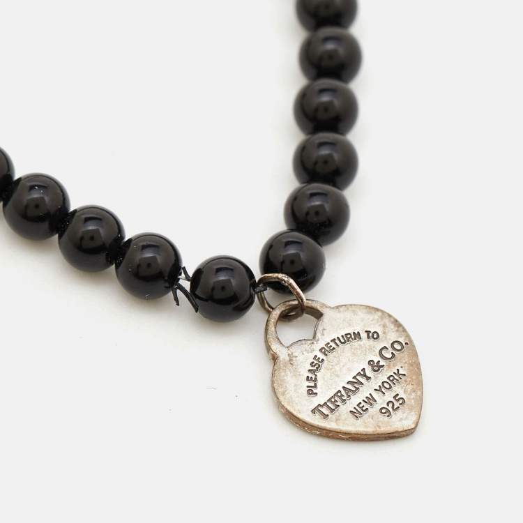 Pre Owned Tiffany & Co. Return To Tiffany Silver Heart Tag Onyx Bead Bracelet