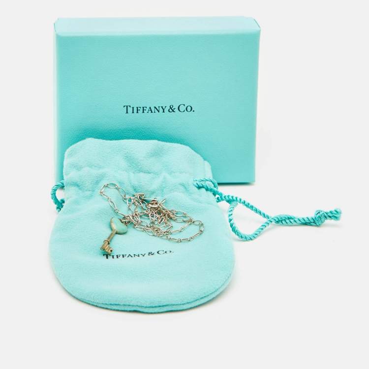 Pre Owned Tiffany & Co. Blue Enamel Heart Key Silver Pendant Oval Chain Link Necklace 