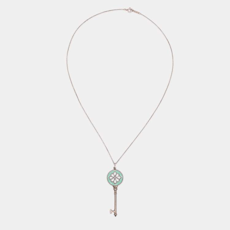 Pre Owned Tiffany & Co. Knot Key Enamel Silver Pendant Oval Chain Link Necklace 