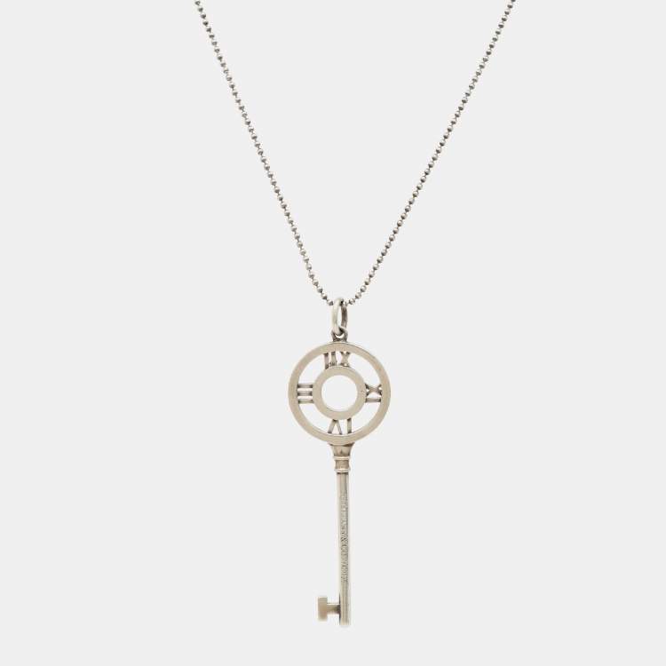 Pre Owned Tiffany & Co. Atlas Key Silver 925 Pendant Beaded Chain Necklace