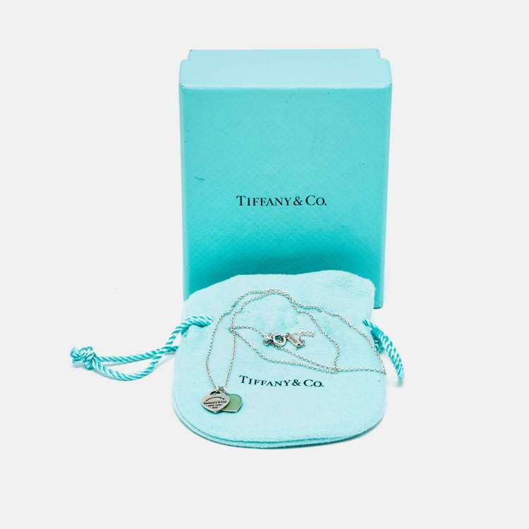 Pre Owned Tiffany & Co. Return to Tiffany Mini Double Heart Tag Pendants Enamel Sterling Silver Chain Necklace