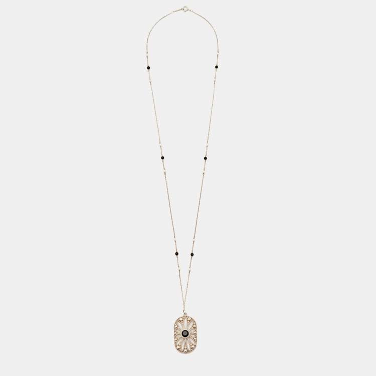 Pre Owned Tiffany & Co. Ziegfeld Collection Cultured Pearl Onyx Silver 925 Daisy Pendant Necklace