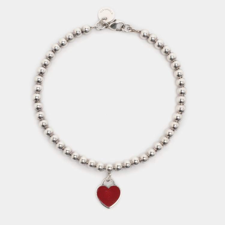 Pre Owned Tiffany & Co. Return to Tiffany Heart Tag Enamel Sterling Silver Beads Bracelet 