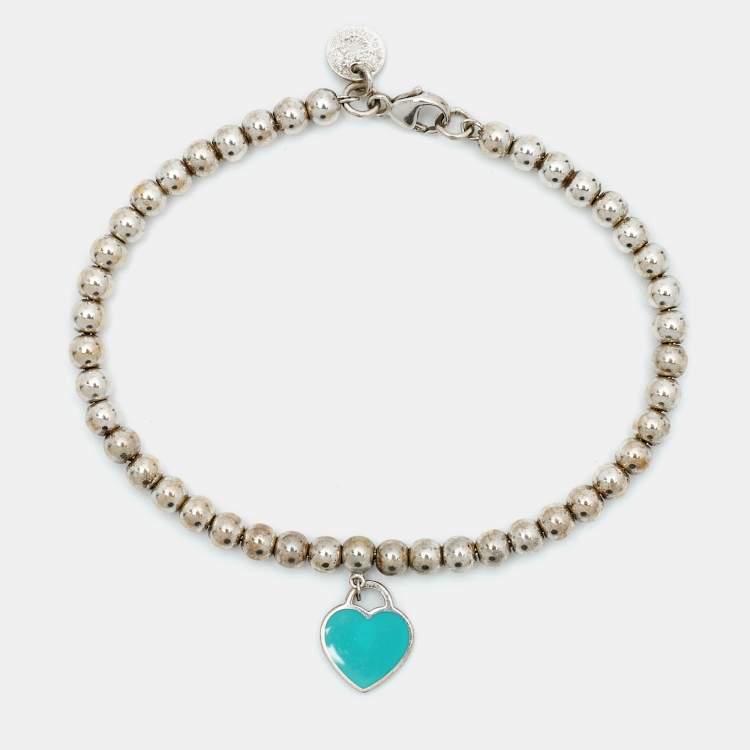 Pre Owned Tiffany & Co. Return to Tiffany Heart Tag Enamel Sterling Silver Bead Bracelet   