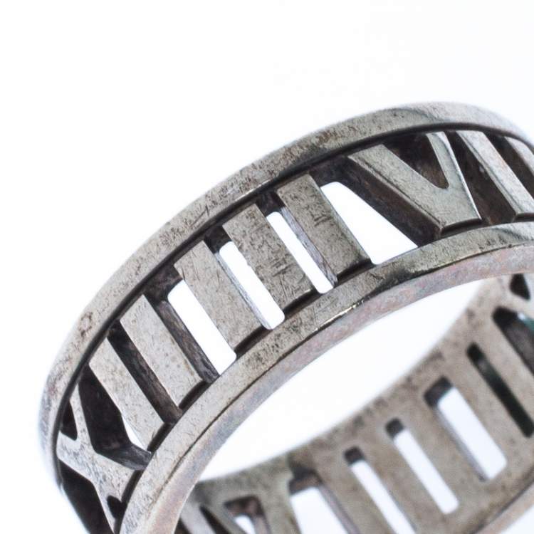 Pre Owned Tiffany & Co. Atlas Openwork Roman Numeral Silver Band Ring Size 53