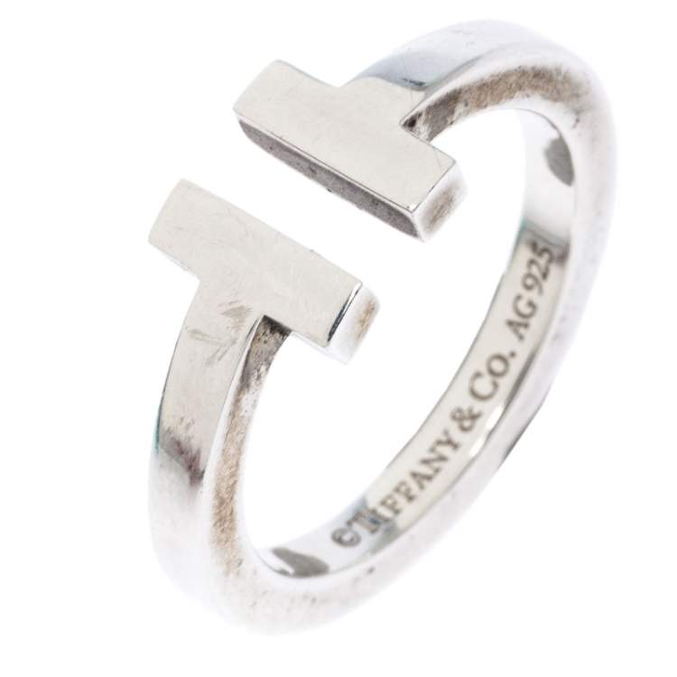 Pre Owned Tiffany T Square Silver Open Ring Size 56