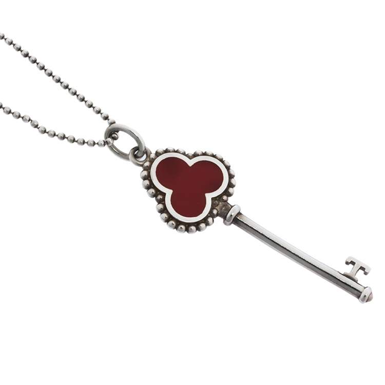 Pre Owned Tiffany & Co. Trefoil Red Enamel Key Pendant Silver Necklace