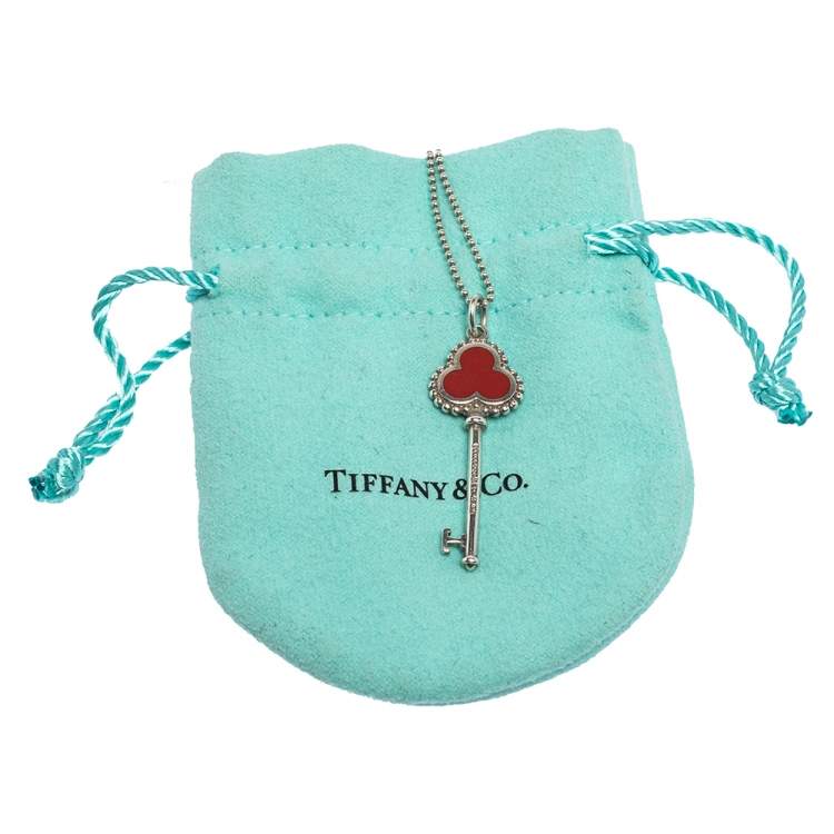 Pre Owned Tiffany & Co. Trefoil Red Enamel Key Pendant Silver Necklace