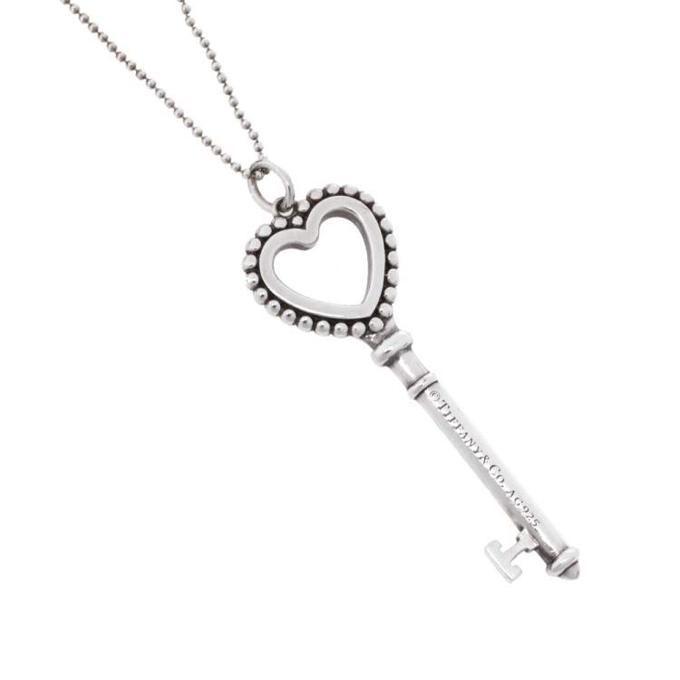 Pre Owned Tiffany & Co. Tiffany Keys Beaded Heart Key Silver Pendant Necklace