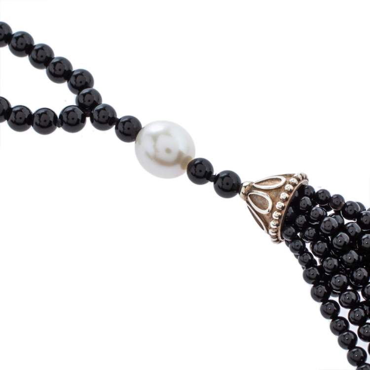Pre Owned Tiffany & Co. Ziegfeld Onyx Cultured Pearl Silver Tassel Necklace