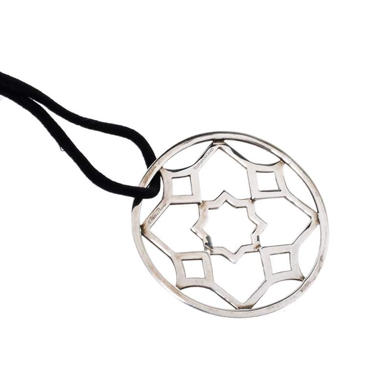 Pre Owned Tiffany & Co. Zellige Openwork Silver Round Pendant Cord Necklace