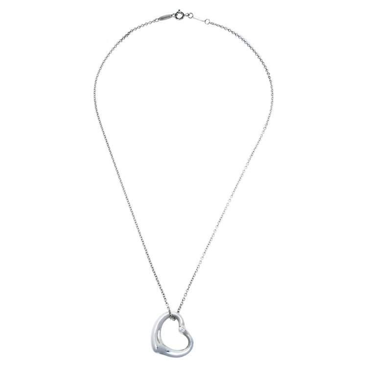 Pre Owned Tiffany & Co. Diamond Open Heart Silver Pendant Necklace