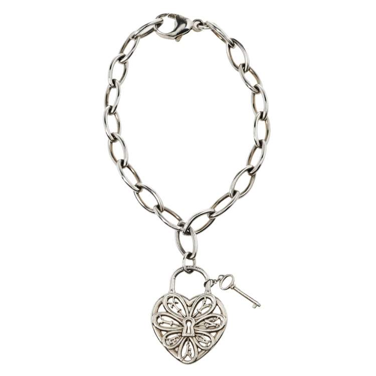 Pre Owned Tiffany & Co. Sterling Silver Filigree Heart & Lock Charm Bracelet