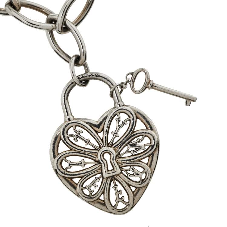 Pre Owned Tiffany & Co. Sterling Silver Filigree Heart & Lock Charm Bracelet