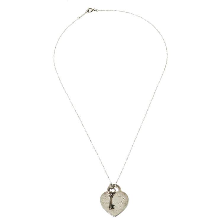 Pre Owned Tiffany & Co. Sterling Silver Heart Tag with Key Pendant Necklace