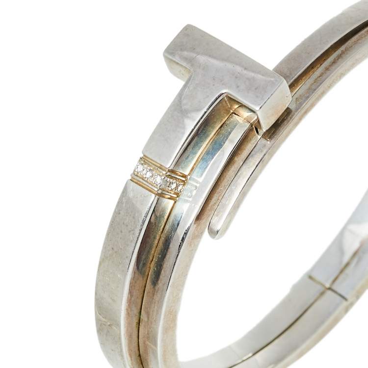Pre Owned Tiffany & Co. Sterling Silver Diamonds T Square Wrap Bracelet