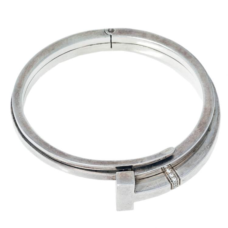Pre Owned Tiffany & Co. Sterling Silver Diamonds T Square Wrap Bracelet