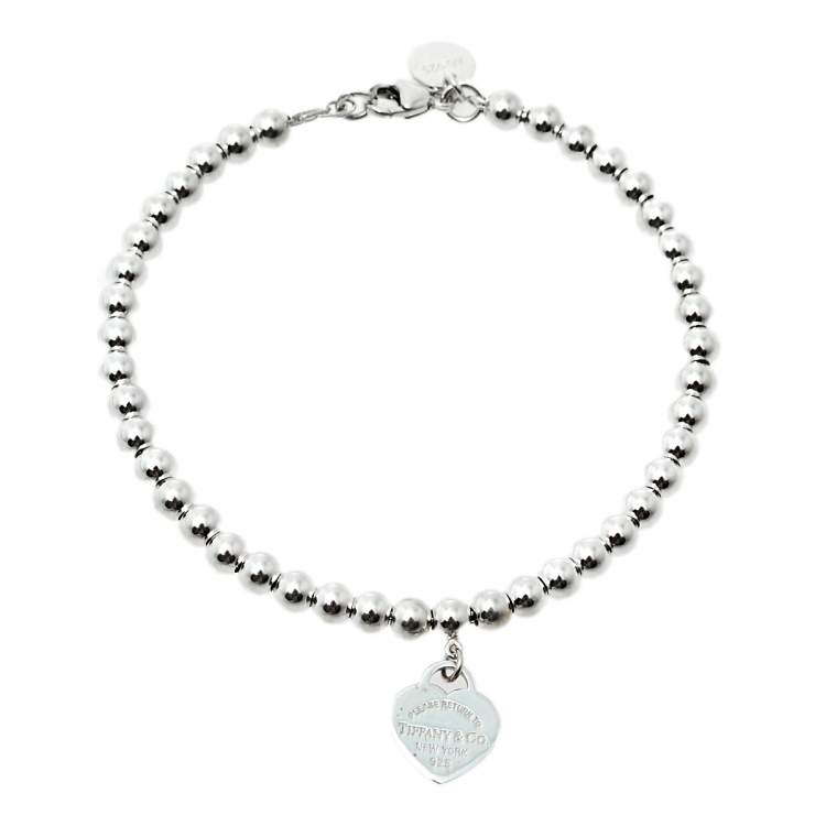 Pre Owned Tiffany & Co. Return To Tiffany Blue Enamel Heart Tag Silver Bead Bracelet 