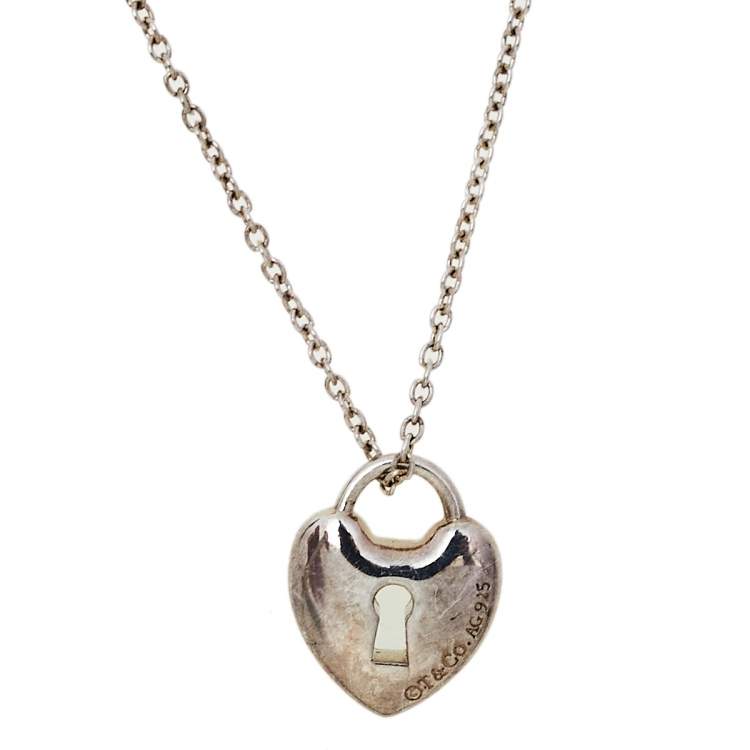 Pre Owned Tiffany & Co. Sterling Silver Blue Enamel Keyhole Lock Heart Pendant Necklace