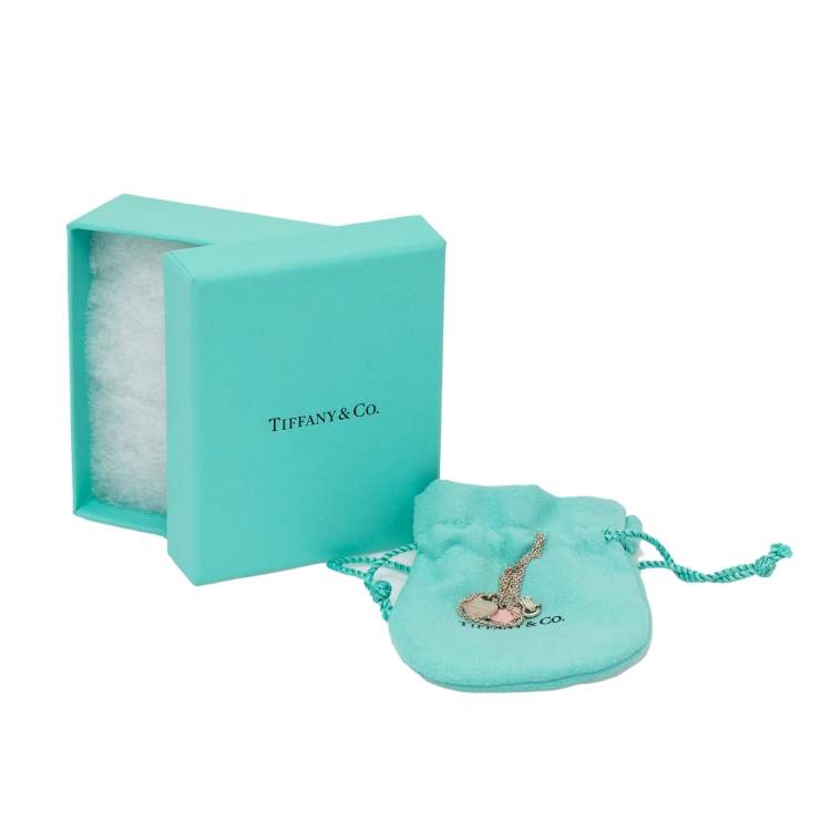 Pre Owned Tiffany & Co. Return to Tiffany Pink Enamel Double Heart Tag Silver Pendant Necklace 