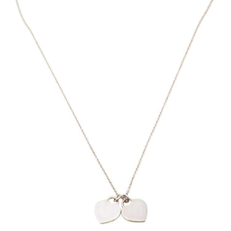 Pre Owned Tiffany & Co. Return to Tiffany Blue Enamel Mini Double Heart Tag Silver Pendant Necklace 