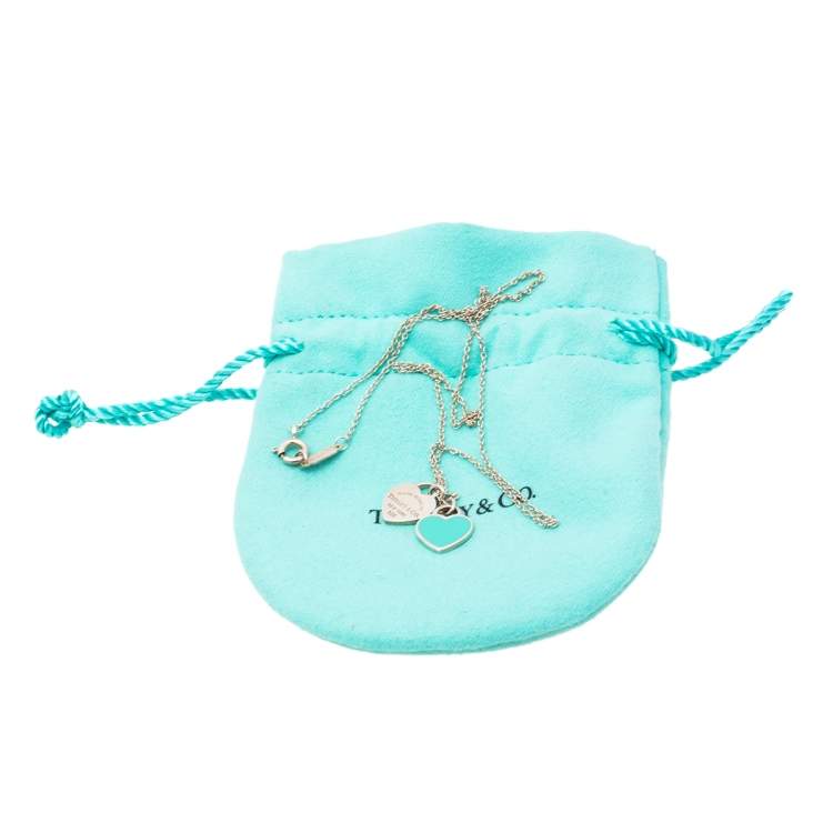 Pre Owned Tiffany & Co. Return to Tiffany Blue Enamel Mini Double Heart Tag Silver Pendant Necklace 
