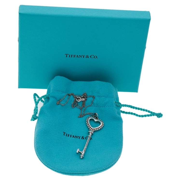 Pre Owned Tiffany & Co. Sterling Silver Enamel Beaded Heart Key Pendant Necklace