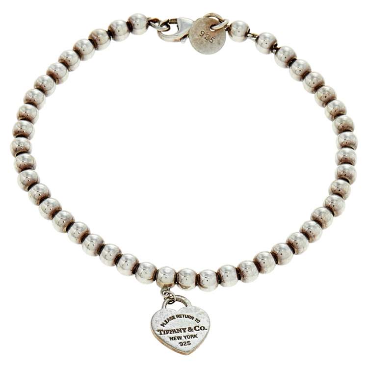 Pre Owned Tiffany & Co. Return To Tiffany Blue Enamel Heart Tag Silver Bead Bracelet