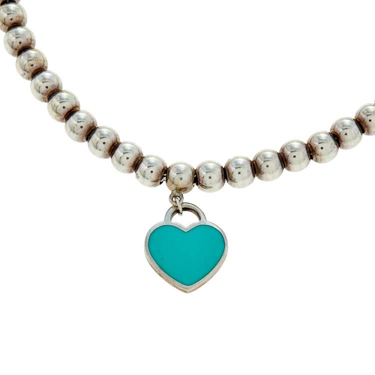 Pre Owned Tiffany & Co. Return To Tiffany Blue Enamel Heart Tag Silver Bead Bracelet