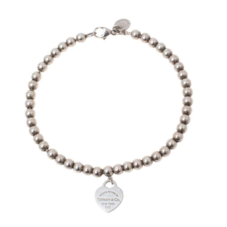 Pre Owned Tiffany & Co. Return To Tiffany Blue Enamel Heart Tag Silver Bead Bracelet