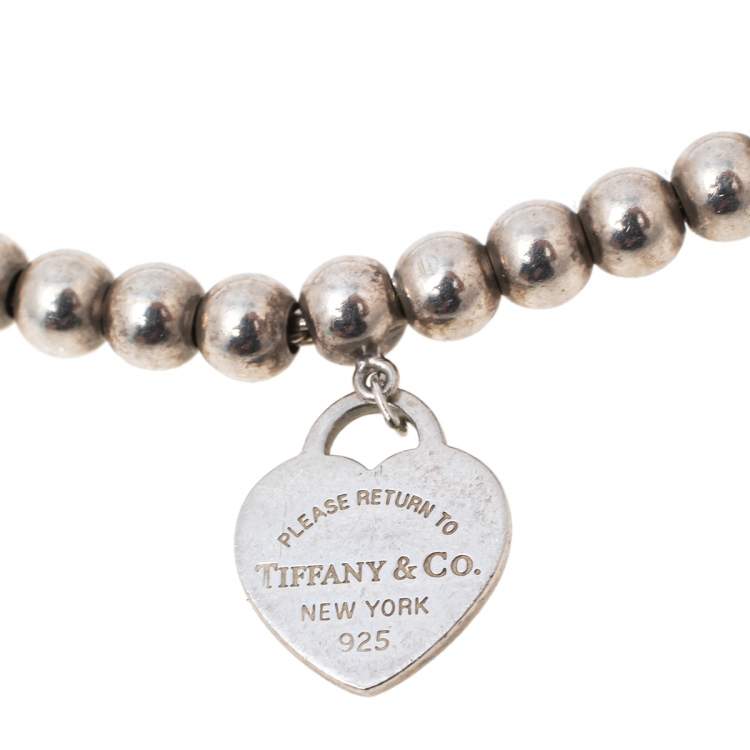 Pre Owned Tiffany & Co. Return To Tiffany Blue Enamel Heart Tag Silver Bead Bracelet