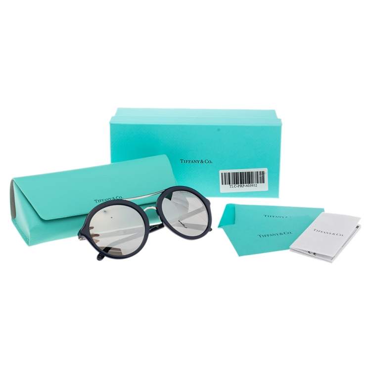 Pre Owned Tiffany & Co. Navy Blue/Silver Mirrored TF 4136 Round Sunglasses