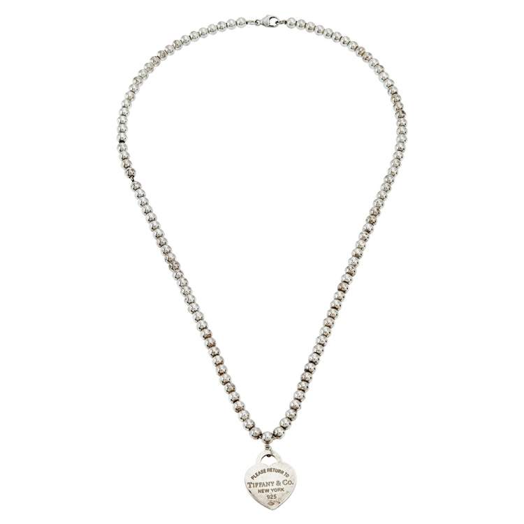 Pre Owned Tiffany & Co. Return To Tiffany Sterling Silver Heart Pendant Beaded Necklace 