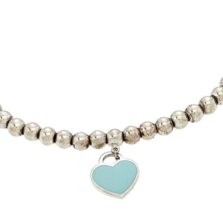 Pre Owned Tiffany Return to Tiffany Blue Enamel Heart Tag Silver Beads Bracelet