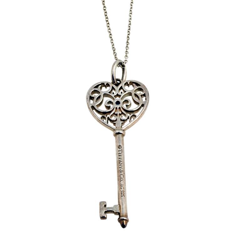 Pre Owned Tiffany & Co. Sterling Silver Enchant Heart Key Pendant Chain Necklace