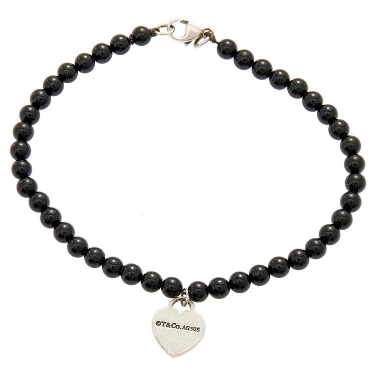 Pre Owned Tiffany & Co. Return To Tiffany Silver Heart Tag Onyx Bead Bracelet
